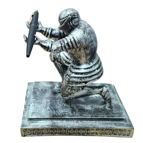 Image of ARNAVIRA Silver Antique Finish Warrior Knight Pen Holder /Soldier Pen Holder Pen Stand, Paperweight For office Table Desk, Table Top Pen Stand (Pen Not Included) (Silver Antique, The Knight /Soldier)