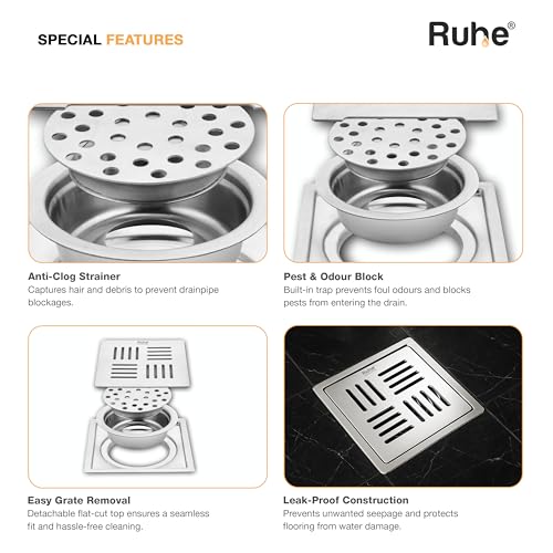 Image of Ruhe Ruby Exclusive Square Flat Cut Floor Drain | 304-Grade Stainless Steel Drain Jali | 6 x 6 inches | Floor Drainer with Cockroach Trap /Jali