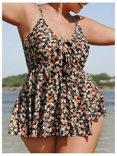 Verdusa Women's Plus Size 2 Piece Boho Floral Tankini Set Bow Tie Peplum Tops with Bottoms Swimsuit3