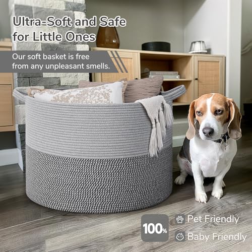Image of INDRESSME 115L Extra Large Blanket Basket, Cotton Rope Basket for Nursery Living Room, Decorative Woven Storage Baskets with Handles for Dirty Clothes, Toy Bin For Dog Toys, Grey