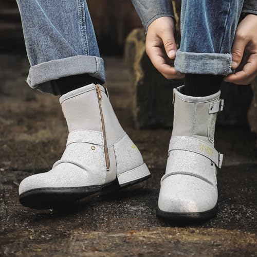 Mid Top Zipper Boot Mens Western Chelsea Cowboy Boots Square Toe Lug Sole Non Slip White Motorcycle Boots3