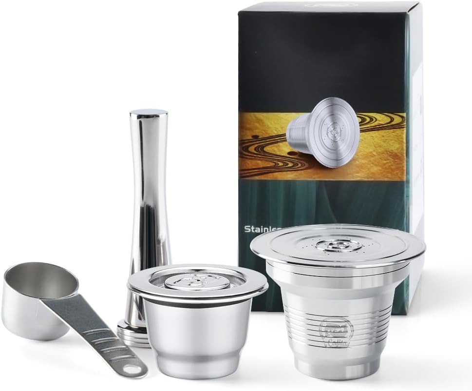 RECAFIMIL4 in 1 Reusable Stainless Steel Coffee Capsules Compatible with L'OR Barista LM8012/60 - Refillable Metal Espresso Pods for L'or and Nespresso Machines,Coffee Press and 304 Spoon Gifted