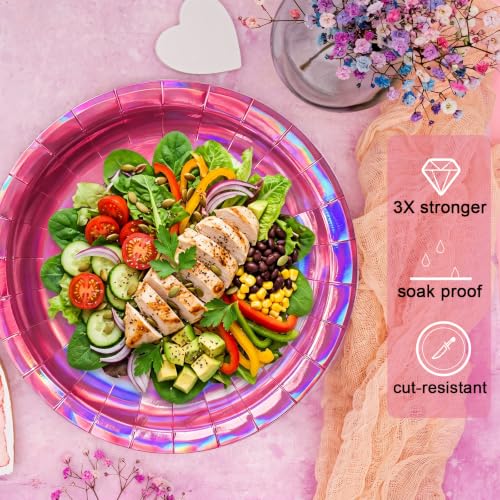 Image of Iridescent Hot Pink Paper Plates, 9 Inch Dinner Party Plates, 50 Count Bulk | Colored and Sturdy Durable Party Plates, For Mermaid Disco Kpop Birthday, Bridal Showers, Bbq, Pool Parties, Food-Safe