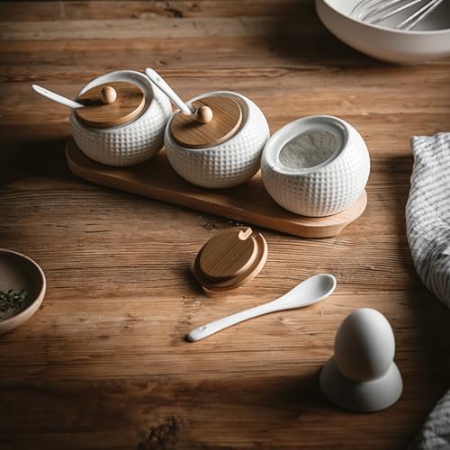 Image of Ceramic Condiment Pots, Set of 3 Condiment Spice Jar Container with Bamboo Lids and Spoon, Seasoning Spice Jar Pots for Kitchen, Coffee Bar, White