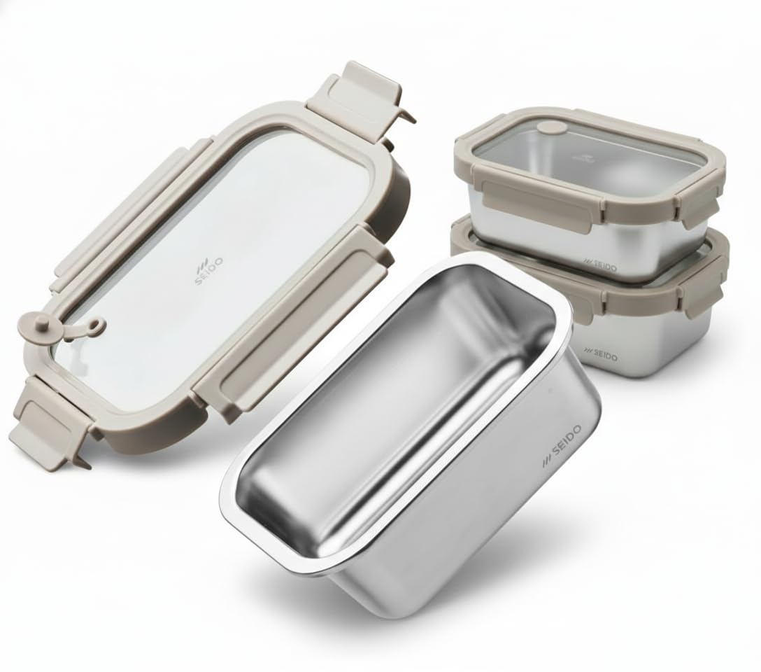 SEIDO Stainless Steel Lunch Box Microwave Safe Food Meal Prep Containers (3 x 800ml) Leakproof, Stainproof, Oven & Dishwasher Safe 100% Chemical Free with Quad Lock Steam Vent Glass Lid