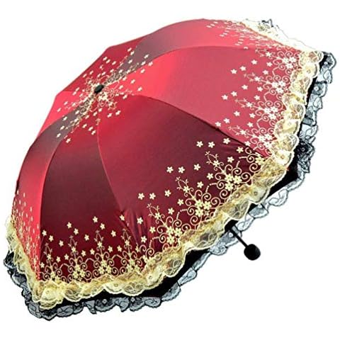Honeystore Shining Lace Umbrella 3 Folding Sunny and Rainy Anti-uv Party Parasol Burgundy Cover