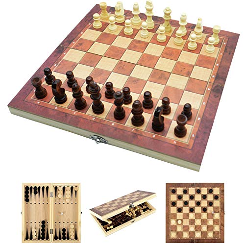 Jsdoin 3 in 1 Chess Set - 12x12 Wooden Travel Folding/Portable Chess Kit Cardboard Games for Kids Adults Boys Girls Family29cmx29cm