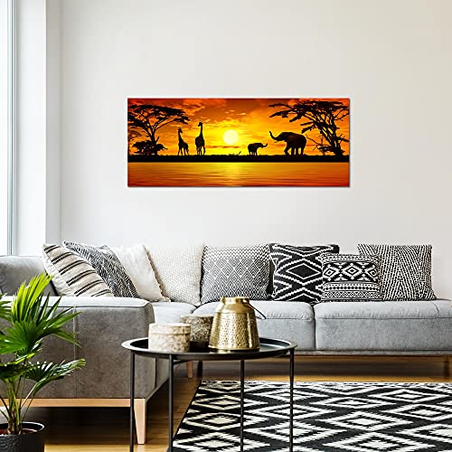 Runa Art Wandbild Afrika Sonnenuntergang 1 Teilig 100 x 40 cm Modern Bild auf Vlies Leinwand Giraffe Elefant Wohnzimmer Schlafzimmer Orange 000212a