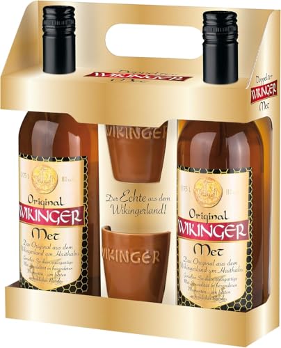 Original Wikinger Met im Geschenkset | 2x0,75L inkl. 2 Becher | Honigwein aus der Wikingerland Haithabu| Fruchtig aromatisch | Das Original