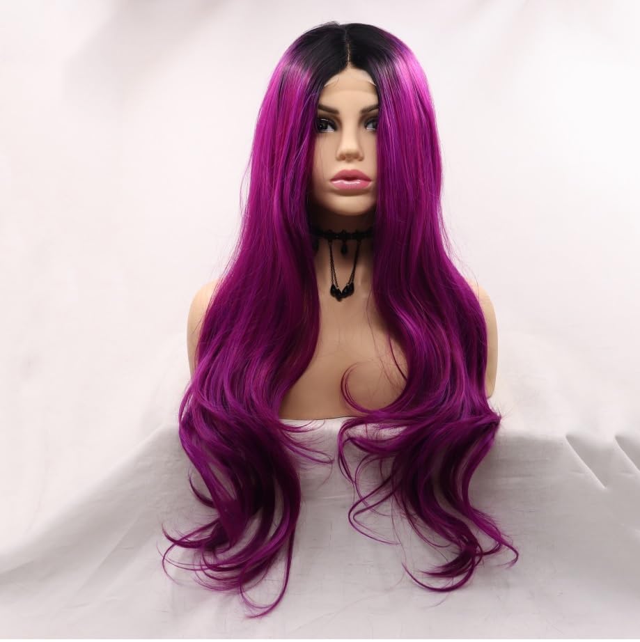 Xiweiya Long Purple Lace Front Wig Dark Roots Piano Color Highlight Purple Hair Middle Part Synthetic 4x1U Part Lace Full Wigs Natural Hairline Heat Resistant Hair 150% Density Wig for Women 26Inch - Image 2