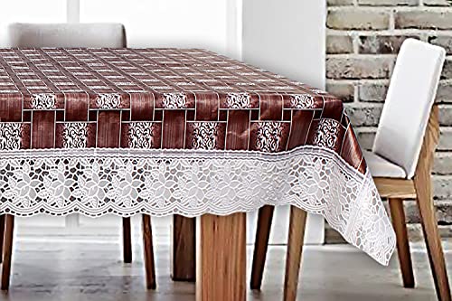 Image of The Furnishing Tree Waterproof PVC Rectangle Shaped 12 Seater Table Cover WxL 60x140 inches Basketweave Pattern Multicolor with White Border lace