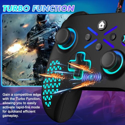 Image of Dinosoo 10ft Wired RGB Controller for X-box One Series X|S & PC, Turbo, Macro Function, 4 Vibration Motors, 3.5mm Audio Jack - Black White