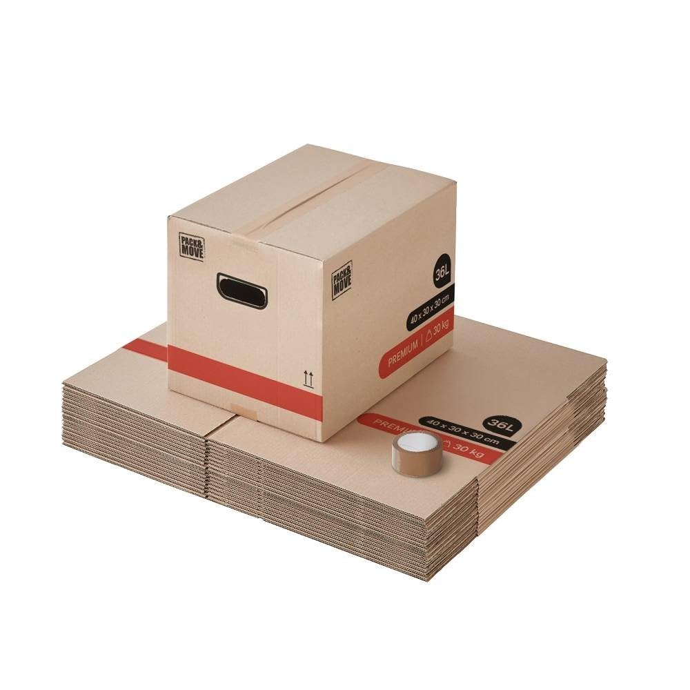 Pack and Move - Lot 20 Cartons Déménagement Livres Premium - 40 X 30 X 30 Cm - Extrême Résistance 30 KG - Poignées Renforcées - 1 Adhésif Offert