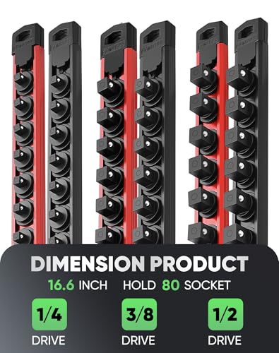 Image of ALOANES Magnetic Socket Organizer Set, 6PC Heavy Duty Aluminum Socket Holder Organizer, 360 Swivel Clips Socket Holder Kit for Toolbox Drawer Fit 1 /2, 3 /8, 1 /4-Inch x 80 Clips (Red&Black, 6PC)