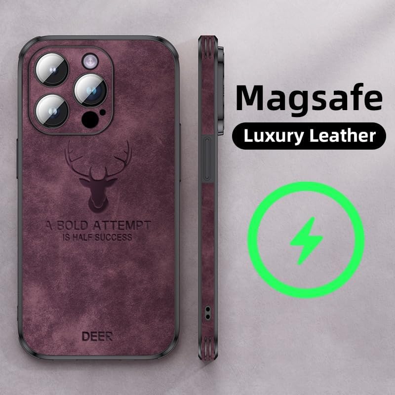 Shockproof Leather Magsafe-Compatible Deer Hunting Phone Case for iPhone 14 Pro Max, Magnetic, Wireless Charging, Camera Lens Protection Cover/Funda, A Bold Attempt (Brown)