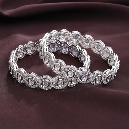 Image of ZENEME Rhodium Plated Silver Toned White American Diamond Studded Bangles Set Of 2 For Women & Girls