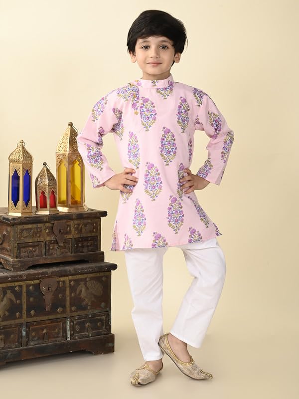 Image of superminis Boys Cotton Full Sleeves Side Open Sanganeri Printed Kurta With Pyjama Set