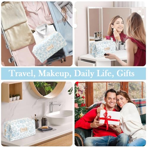 Image of MAYCREATE Fashion Makeup Bag Travel Makeup Pouch Blue Floral Soft Zipper Utility Zipper Pencil Pouch Gadget Stationeries Storage Tool Organizer Bag, 20.5x9x9.5cm