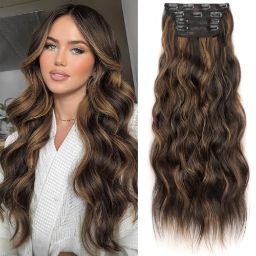 KooKaStyle Wavy Clip in Hair Extensions 24" Balayage Dark Brown to Chestnut