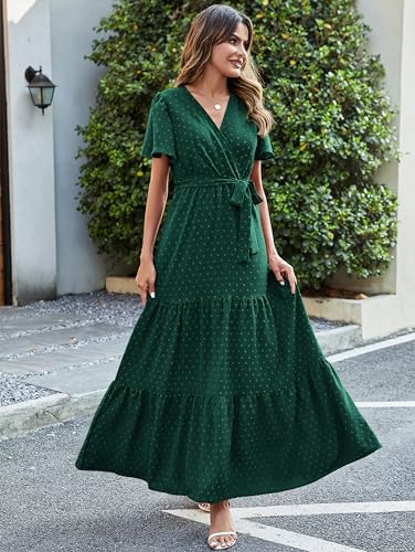 Image of MASCOMODA Women Boho Swiss Dot Maxi Dresses Wrap V Neck Flutter Short Sleeve Solid Tie Waist A Line Tiered Flowy Long Dresses
