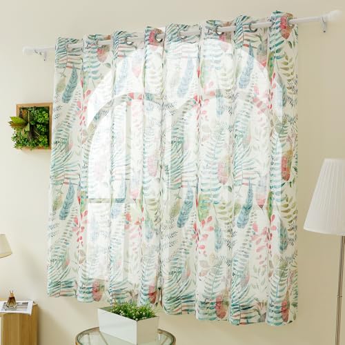 Image of Story@Home Window Curtains 5 Feet Long Set of 1 | Leaf Printed | Semi Transparent Curtain | Net Curtains | Sheer Curtain for Living Room | (118 X 152 Cm, White & Green) | Perfect for Home Decor