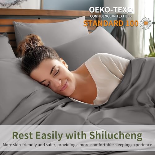 Image of Shilucheng 6 Piece Full Sheet Sets, Cooling Sheets, Blend Rayon Derived from Bamboo, Deep Pocket Up to 16 inch, Breathable & Soft Bed Sheets, Hotel Silky Bedding Set, Grey