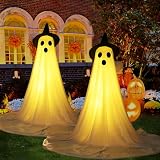 [Timer] 2Packs Halloween Decorations Outdoor, Cute Halloween Decorations Indoor, Spooky Ghost Halloween Decor with Witch Hat, Scary Ghosts Decor with LED Lights for Front Porche Yard Garden Home