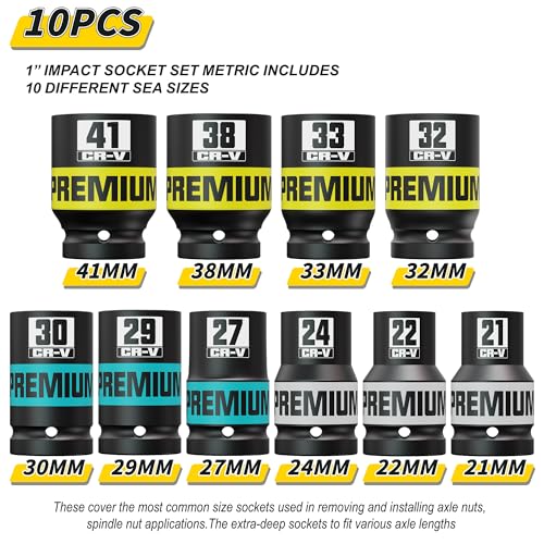 Image of 10 Piece 1 inch Drive Impact Socket Set, Metric Axle Nut Sockets, 21-41mm Thicker Jumbo Sockets, Socket Set, 6 Point, Cr-V, Vehicle and Apparatus Maintenance
