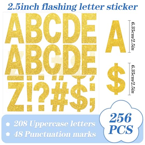 24 Sheets Gold Letter Stickers 256Pcs 2.5 Inch Large Glitter Alphabet Stickers Vinyl Self Adhesive Stickers Kit Big Font Stick on Letters Peel and Stick for Bulletin Poster Board MailBox Crafts (Gold)
