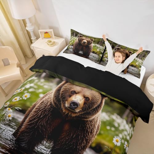 jejeloiu Bear Duvet Cover Set Wild Animal Bedding Set for Kids Boys Girls Western Farmhouse Comforter Cover Rustic Cabin Quilt Cover with 1 Pillowcase 2Pcs Bedding Toddler,No Comforter