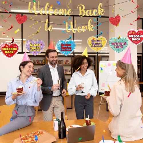 Image of Welcome Back To Work Decoration Banner So Glad You're Back To Work Banner and Hanging Swirls for Office Party Supplies - Gold