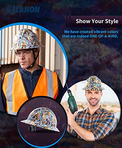 Lanon Full Brim Hard Hat, Osha Construction Work Approved, Multicolor Design, Frp Safety Helmet With 4 Point Adjustable Ratchet Suspension, Class C #TOP3