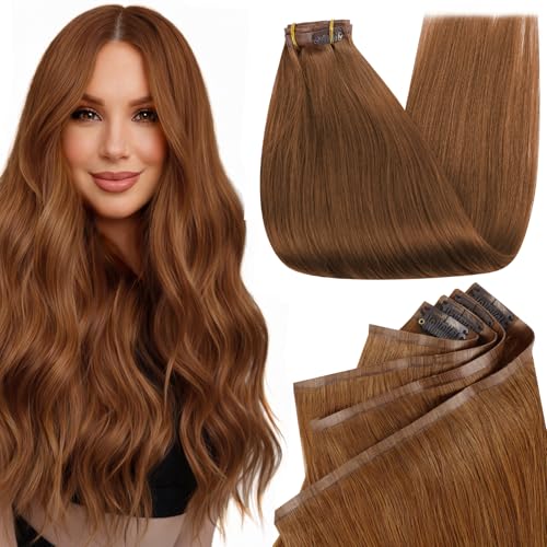 Image of Full Shine Seamless Clip in Human Hair Extensions, Copper 160g 22 Inch | Invisible PU Weft Clip-Ins for Women, Dense Volume for Medium to Thick Hair, Full Head Coverage, Heat-Styling Friendly, 8 Pcs