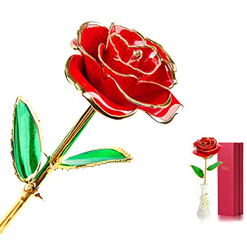24K Gold Rose Flower,Gold Foil Artificial Forever Rose with Beautiful Porcelain Vase