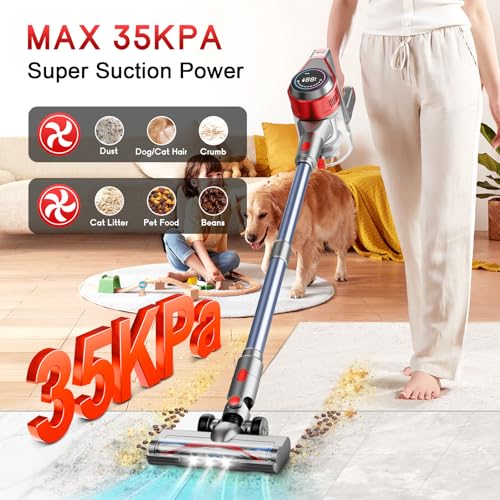 Image of BSNAW Cordless Stick Vacuum Cleaner - Rechargeable, 35Kpa Powerful Vacuums with Detachable Battery, LED Display, 45Mins Runtime, 8 in 1 Handheld Vacuum for Hardfloor & Carpets Pet Hair, Red