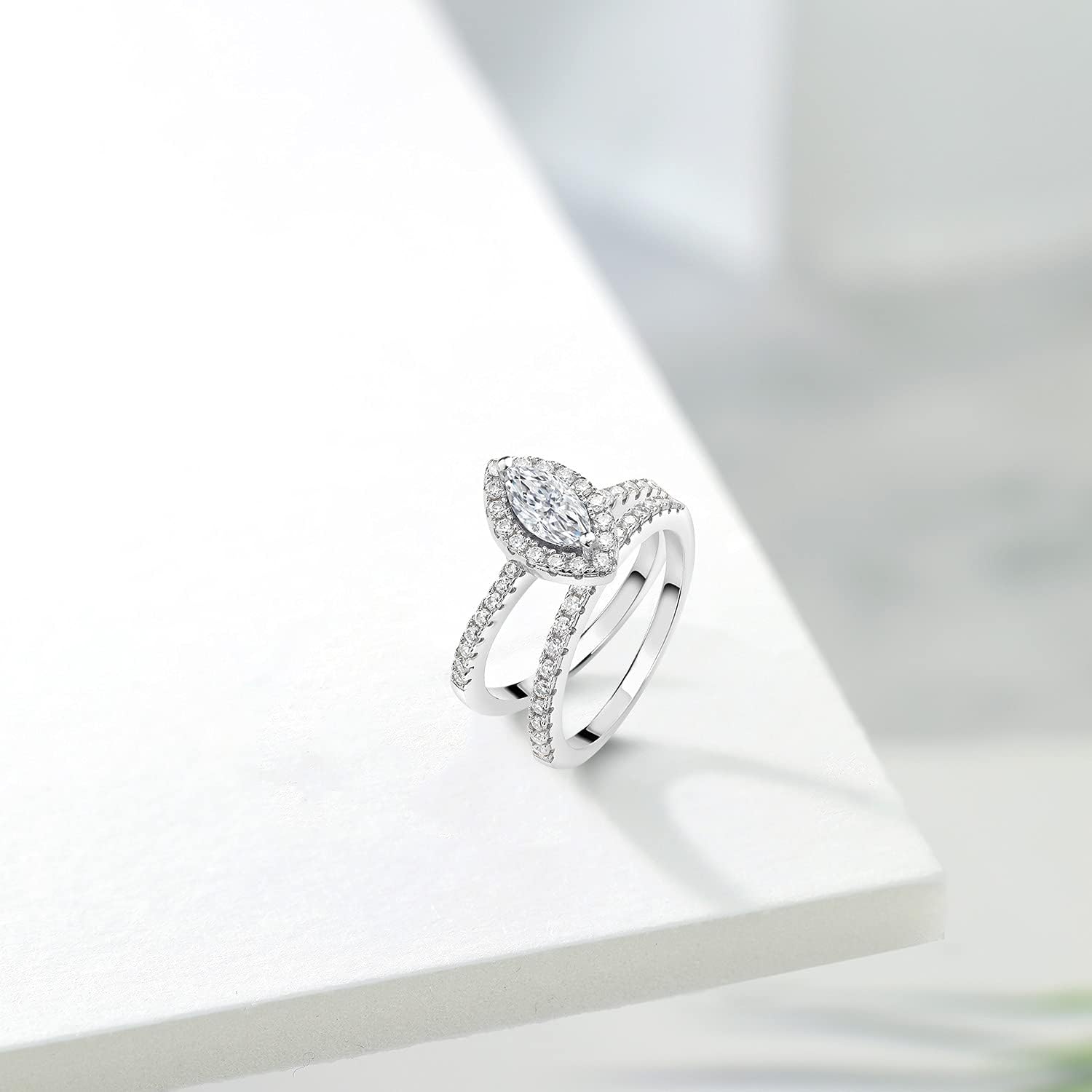 Gem Stone King 1.02 Cttw White Moissanite Wedding Engagement Ring Band Bridal Set For Women | 925 Sterling Silver | Marquise Cut 8X4MM