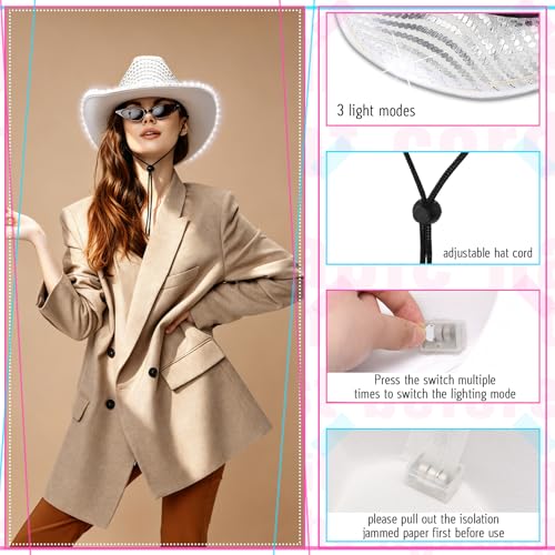 Image of Tisancy LED Lights Cowboy Cowgirl Hat Flashing LED Lights Cowgirl Hat for Wedding Western Bachelorette Party