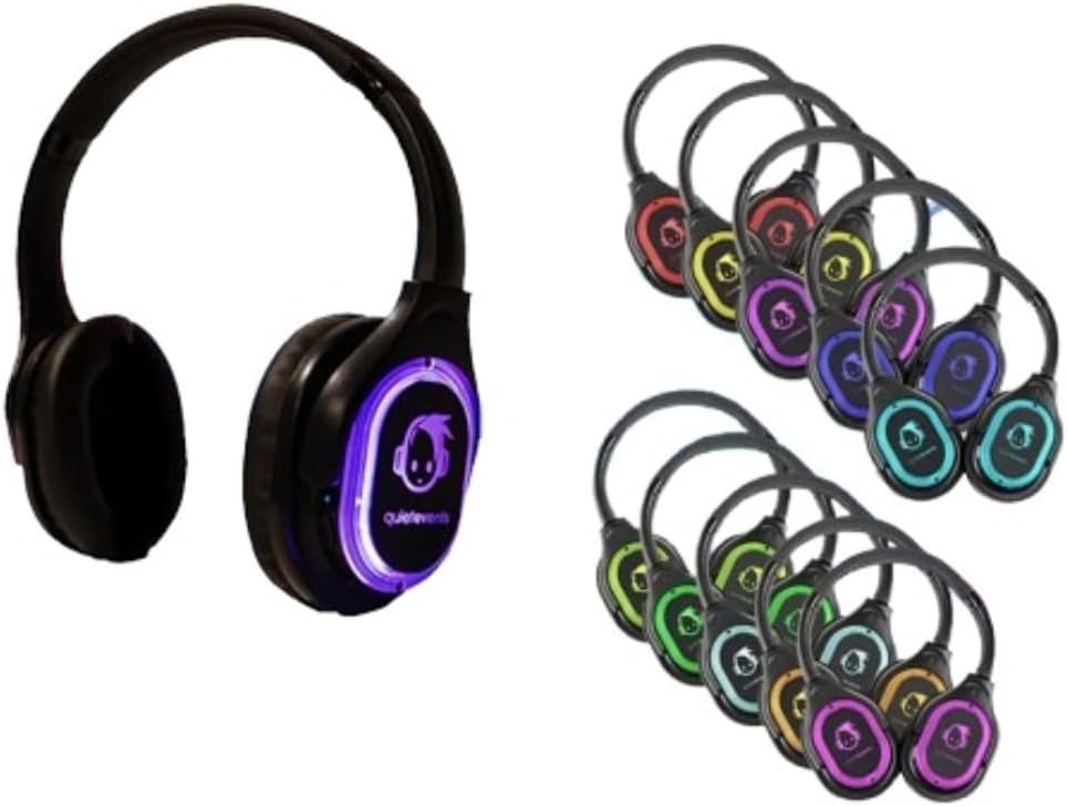 Silent Disco Headphones Party Bundle – 10 Wireless 3-Channel LED Headphones + 3 Transmitters – Quiet Clubbing Kit with Charger, Audio Cables – Rechargeable, Foldable, Noise-Isolating