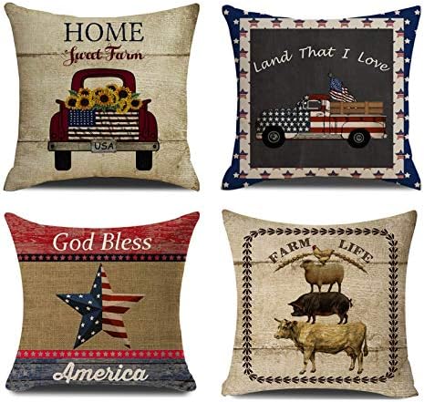 NYDECOR Farmhouse Throw Pillow Covers American Flag Pillow Case Quotes Cotton Linen Rustic Farm Cushion Cover for Couch Sofa Bed 18x18 Set of 4 Housewarming Gifts