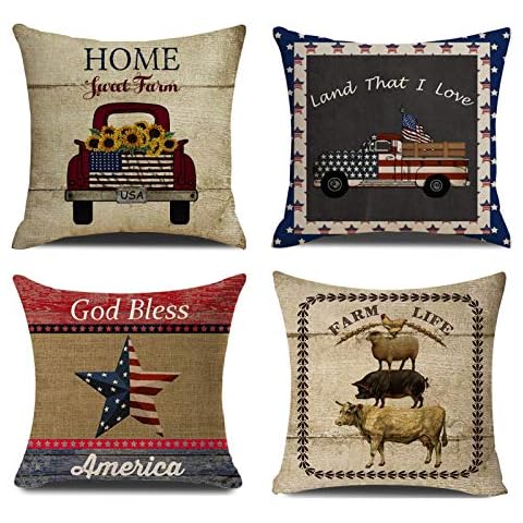 NYDECOR Farmhouse Throw Pillow Covers American Flag Pillow Case Quotes Cotton Linen Rustic Farm Cushion Cover for Couch Sofa Bed 18x18 Set of 4 Housewarming Gifts Cover