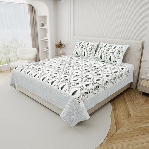 Image of DE CAMA Since 1997 | 100% Cotton 300 TC Premium Super King Size Bedsheet for Double Bed (108 x 108 Inch) with 2 Pillow Covers Set (17 x 27 Inch) Hand Block Printed Bedsheet Set - Floral Green
