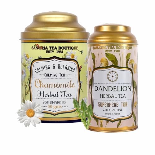 Image of Sancha Tea Boutique, Combo Pack: Chamomile (50g) & Dandelion (50g), Caffeine-Free Herbal Tisanes, Calming Floral & Roasted Infusions