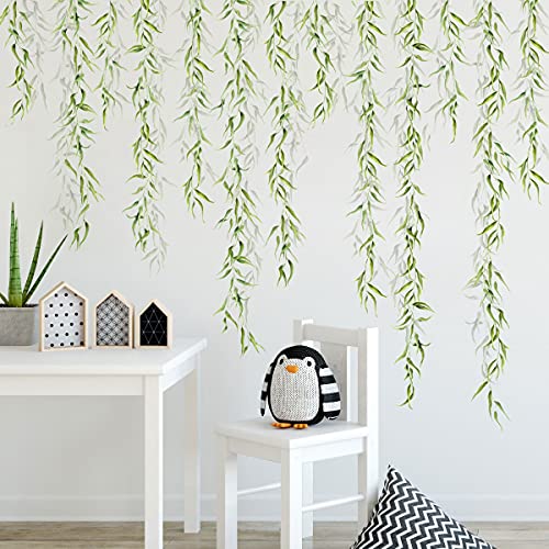 4 Sheets Hanging Willow Leaf Wall Decals Green Plants Wicker Wall Sticker Diy Removable Lifelike Willows Vine Wall Mural For Bedroom Kitchen Classroom Nursery Offices Closet Ceiling Home Decor #TOP15