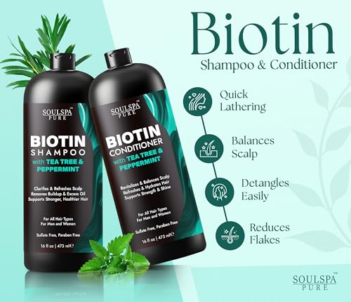 Image of SOULSPA PURE Biotin Peppermint & Tea Tree Shampoo and Conditioner Set - Sulfate Free Scalp Care for Thinning & Color-Treated Hair - Clarifying Formula for Men & Women -16 fl oz Each