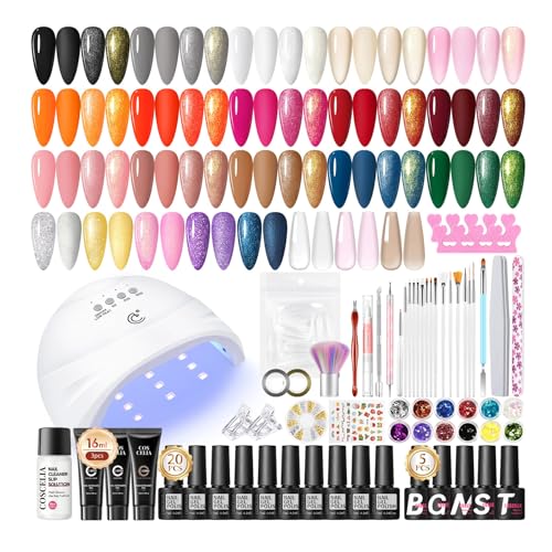 COSCELIA 52pcs Kit Uñas Semipermanentes, 20 Colores Uñas Semipermanentes Kit Completo con Lámpara UV con 3 Colores Poly Extensión Gel, Base Coat&4 Top Coat Un Gran Regalo para Una Mujer Hermosa Rosa