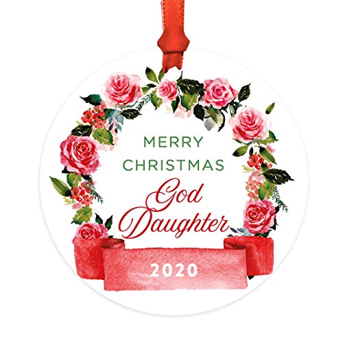 Andaz Press Round Metal Christmas Ornament, Merry Christmas Goddaughter 2025, Red Flowers Banner, 1-Pack, Includes Ribbon and Gift Bag