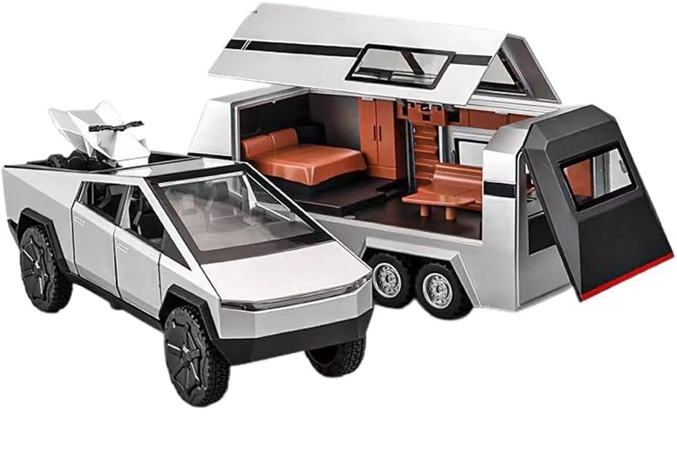 Image of 1:32 Scale Die-Cast CyberrTruck Pick-Up Trailer with 6 Openable Doors Pull Back Action,Lights & Music (Silver)