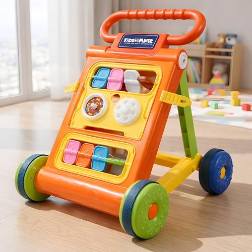 Image of Kidsmate Baby Activity Walker with Toy Bar | Foldable Push Walker for Babies 6-18 Months | Interactive Learning Walker with Shape & Spin Games | Supports Early Steps, Learning & Playtime Fun - Orange