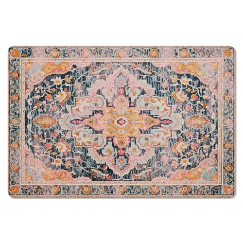 Orange Geometric Kitchen Bath Door Mat Cushioned Runner Rug,Washable Welcome Floor Sink Antifatigue Mat,Waterproof & Non-Slip Comfort Standing Doormat,Oriental Tribal Ethnic Flower Patterns 24