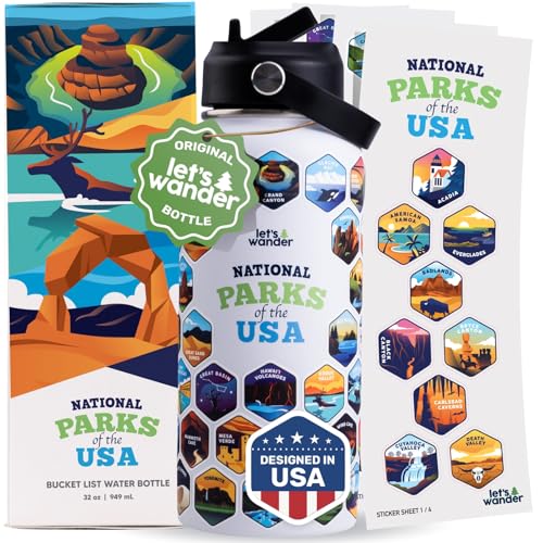 LET'S WANDER Original National Parks Water Bottle with 63 Waterproof Stickers - 32oz Leakproof...